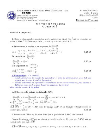 Bac 2024 serie S maths corrigés Sénégal by Tehua