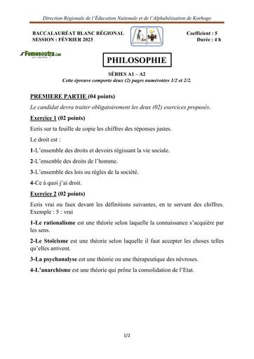 SUJET + BAREME PHILO Tle A1 ET A2 BACCALAURÉAT BLANC RÉGIONAL FEVRIER 2023 DREN KORHOGO by TEHUA