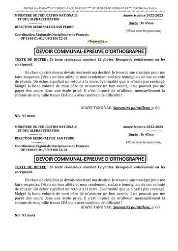 SUJET DE DEVOIR COMMUNE ORTHOGRAPHE DQ NIVEAU 3ième UP3100 SAN PEDRO by TEHUA