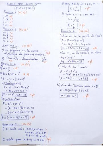 Barème Test lourd maths 3ieme provincial 2025 by Tehua