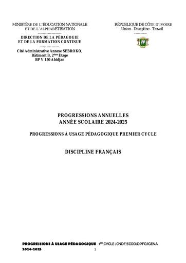 PROGRESSIONS DE FRANCAIS A USAGE PEDAGOGIQUE 2024 2025 1er Cycle DPFC by Tehua