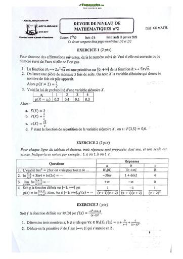 Sujets de Maths série D Lycée Classique d'Abidjan 22-23