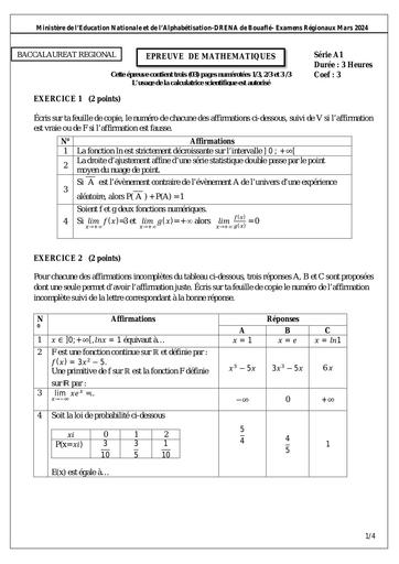 Sujet Tle A1 MATHS (N°1) bouaflé examen regional 2024 by Tehua