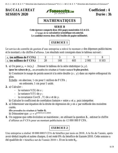 SUJET BAC maths SERIE B 2020 BY TEHUA