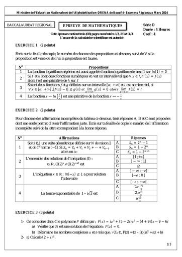 Sujet Tle D maths (N°1) bouafé Examen régional 2024 by Tehua