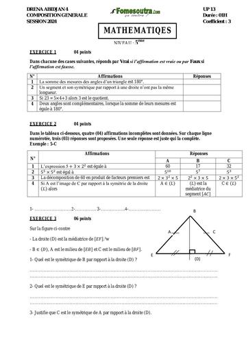 Composition generale Decembre 2024 UP 13 ADAMA SANOGO SUJET MATHS 5ieme by Tehua