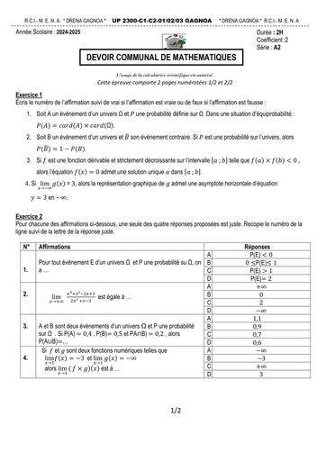 DEVOIR UP 2300 Gagnoa 2024 2025 Maths Tle A2 Sujet by Tehua