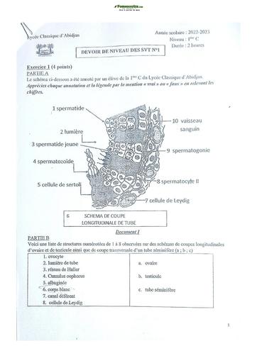 Sujets de SVT Première C Lycée Classique Abidjan 22-23