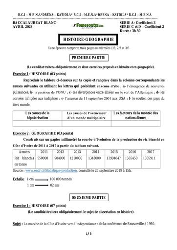 SUJET ET CORRIGE BAC BLANC 2023 HISTOIRE GEOGRAPHIE SERIE A C D REGIONAL DE KATIOLA COTE D'IVOIRE
