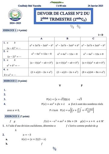 DEVOIR DE CLASSE N°2 MATHS 2nde C DU TRIMESTRE 2 HINNEH 24 Janvier 2025 BY TEHUA