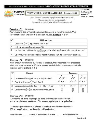 TEST LOURD OCTOBRE 2024 MATHS 3ième COLLEGE LE PROVINCIAL by Tehua