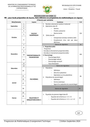 Progression Maths 2NDE G1 2024 by Tehua