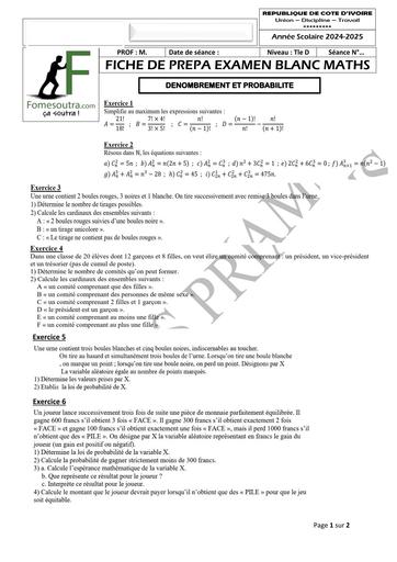 FICHE DE PREPA BAC MATHS Tle D DENOMBREMENT ET PROBABILITE by TEHUA