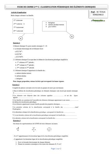 FICHE DE CHIMIE 2nde C CLASSIFICATION PÉRIODIQUE DES ÉLÉMENTS CHIMIQUES by TEHUA