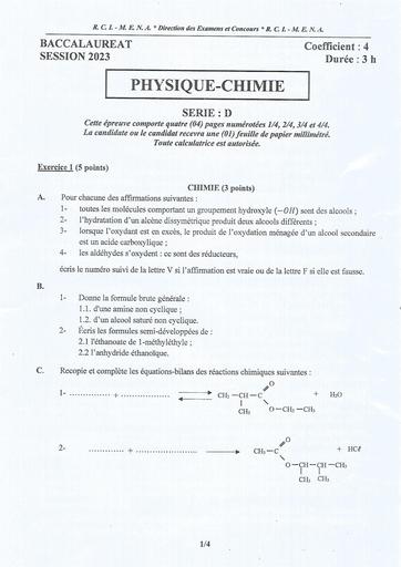 BAC Physique chimie serie D 2023 by Tehua