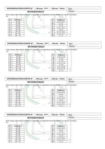 INTERROGATION MATHS NIVEAU 3ième CALCUL NUMERIQUE INTERVALLE 2 by TEHUA