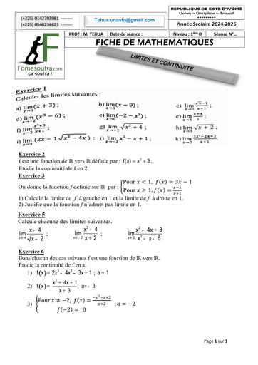 FICHE DE TRAVAUX DIRIGES MATHS 1ière D LIMITES ET CONTINUITE Décembre 2024 by TEHUA