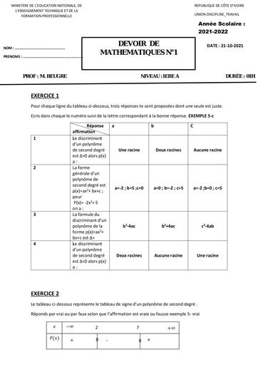 Devoir N°1 de Maths 1ère A Trimestre by Tehua