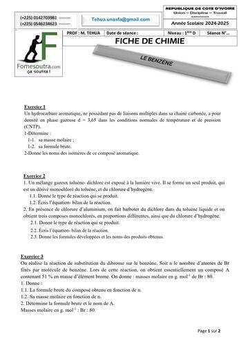 FICHE DE TRAVAUX DIRIGES CHIMIE 1iere D LE BENZÈNE Novembre 2024 By TEHUA