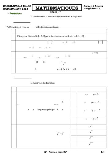 SUJET MATHS Tle D BACCALAURÉAT BLANC RÉGIONAL MARS 2024 DREN SASSANDRA by TEHUA