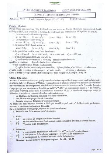 Sujet de Chimie Niveau Première D Lycée Classique Abidjan 2022-2023