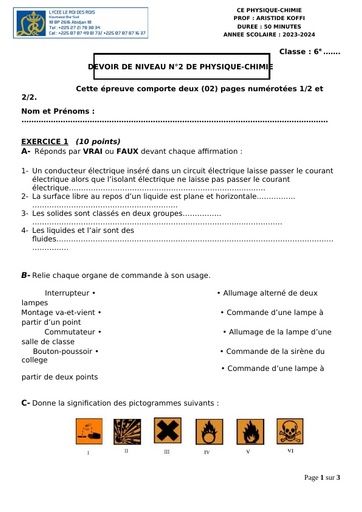 Devoir de n°2 PC 6ieme 2024 by Tehua