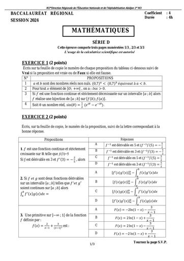 Sujet Examen Bac blanc 2024 Maths serie D Dren Abidjan 1 by Tehua
