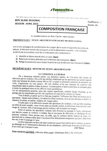 SUJET COMPO FR 3ieme BEPC BLANC RÉGIONAL AVRIL 2023 DREN GAGNOA by TEHUA