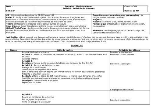 Fiche de Cours CM Mesure le mètre sous multiples et multiples by Tehua