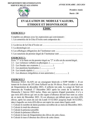 EVALUATION DU MODULE VALEURS, ETHIQUE ET DEONTOLOGIE by Tehua