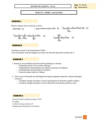 Travaux PC CHIMIE Tle D A Les ALCOOLS by TEHUA