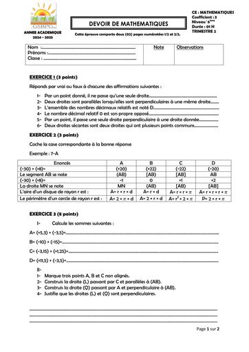 MATHEMATIQUES DEVOIR 6EME DEUXIEME TRIMESTRE 2025 BY TEHUA