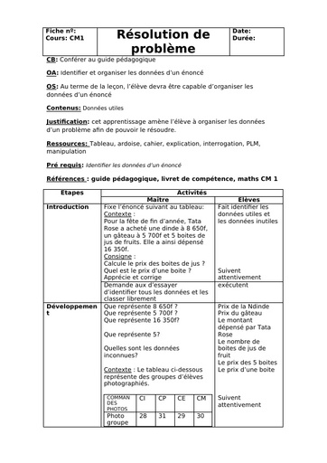 Fiche de cours CM Maths Résolution de problème by Tehua