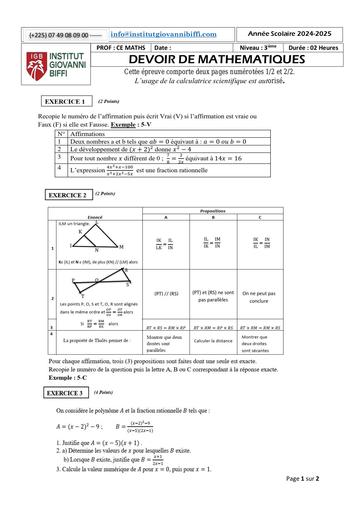 DEVOIR DE MATHS NIVEAU 3IEME DE L'INSTITUT GIOVANNI BIFFI (NOVEMBRE 2024) BY TEHUA