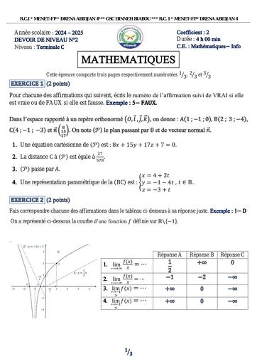 DEVOIR DE NIVEAU N°2 DU TRIMESTRE 1 Maths ( TLE C) Hinneh by Tehua