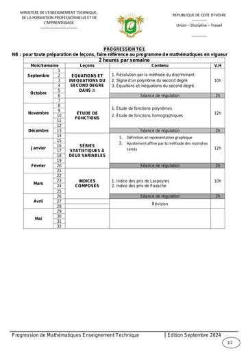 Progression Maths Tle G1 2024 by Tehua