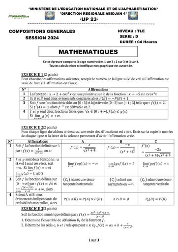 Composition generale Decembre 2024 UP 23 SUJET MATHS Tle D by Tehua