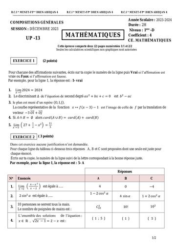 Essai décembre 2023 Maths Tle D sujet+barême by Tehua