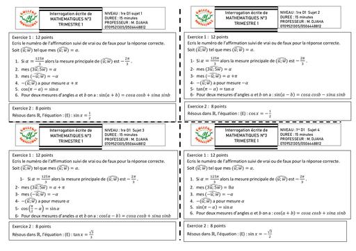 Interrogation écrite de MATHS N°3 de 1ière D1 2024 by Tehua