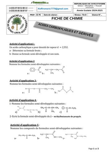 FICHE DE TRAVAUX DIRIGES CHIMIE ACIDES CARBOXYLIQUES ET DERIVES Tle D Novembre 2024 BY TEHUA