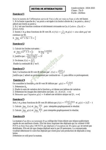 DEVOIR DE MATHS TLE D N°1 2024 2025 OCTOBRE BY Tehua