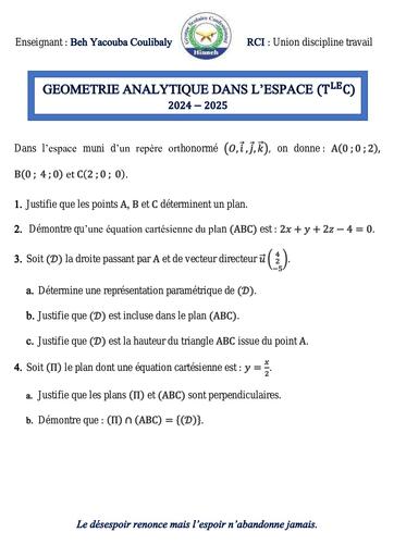 Sujet Géométrie Analytique dans l'espace Maths Tle C Hinneh by Tehua