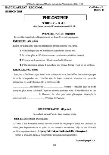 Sujet Examen Bac blanc 2024 Philo serie CDE Dren Abidjan 1 by Tehua