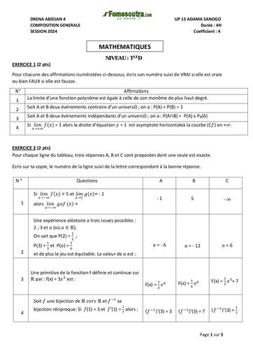 Composition generale Decembre 2024 UP 13 ADAMA SANOGO SUJET MATHS Tle D by Tehua