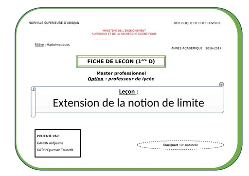 Fiche de Cours Maths 1ière D Extension de la notion de limite ENS by Tehua