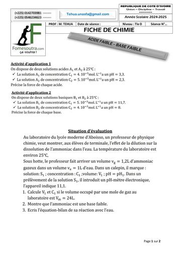 FICHE DE TRAVAUX DIRIGES CHIMIE Tle D ACIDE FAIBLE – BASE FAIBLE 2025 by TEHUA