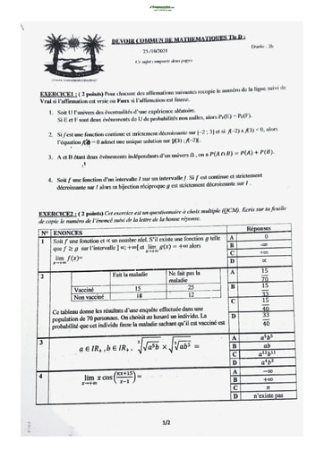 Sujets de Maths série D Lycée Classique d'Abidjan 2022