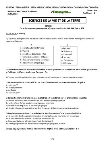 SUJET ET CORRIGE BAC BLANC 2023 SVT SERIE D REGIONAL DE KATIOLA COTE D'IVOIRE