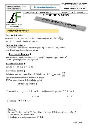 FICHE DE TRAVAUX DIRIGES MATHS 1ière D GÉNÉRALITES SUR LES FONCTIONS Novembre 2024 by TEHUA