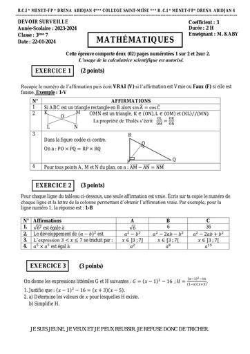 3 devoirs de niveau Maths 3ieme au format APC du 2ieme trimestre by Tehua